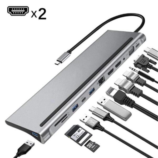 Adaptateur Multifontion 12-en-1 USB Type-C Hub à dual -HDMI