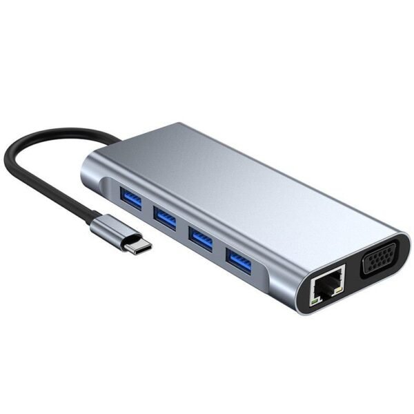 Adaptateur HUB USB type-c 11 en 1 vers HDMI 4K, VGA, RJ45, Lan, Ethernet, SD/TF, AUX, Station d'accueil, séparateur pour ordinateur portable