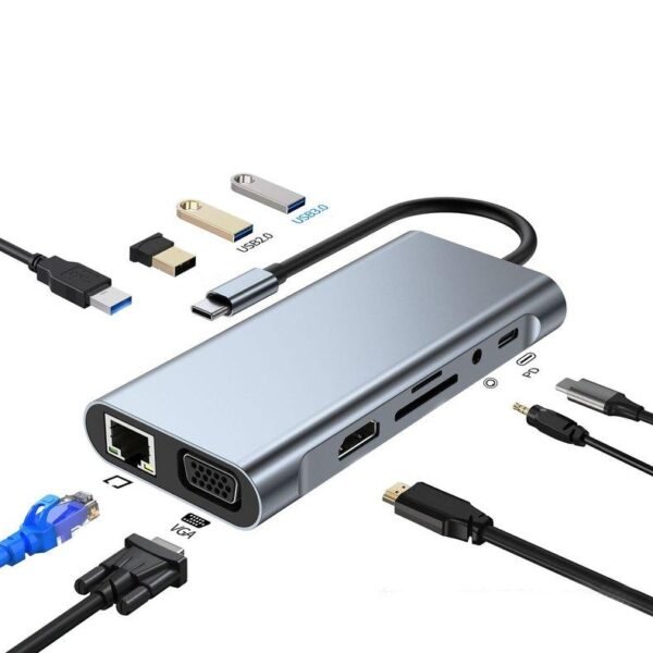 Adaptateur HUB USB type-c 11 en 1 vers HDMI 4K, VGA, RJ45, Lan, Ethernet, SD/TF, AUX, Station d'accueil, séparateur pour ordinateur portable