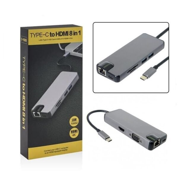 Adaptateur 8 in 1 Type-C Hub to 4K HDMI Rj45 Lan VGA Adapter USB 3.0
